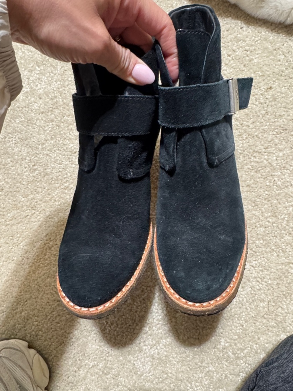 UGG Black Suede Ankle Heeled Boots with Wood-Tone Heel - Picture 3 of 6